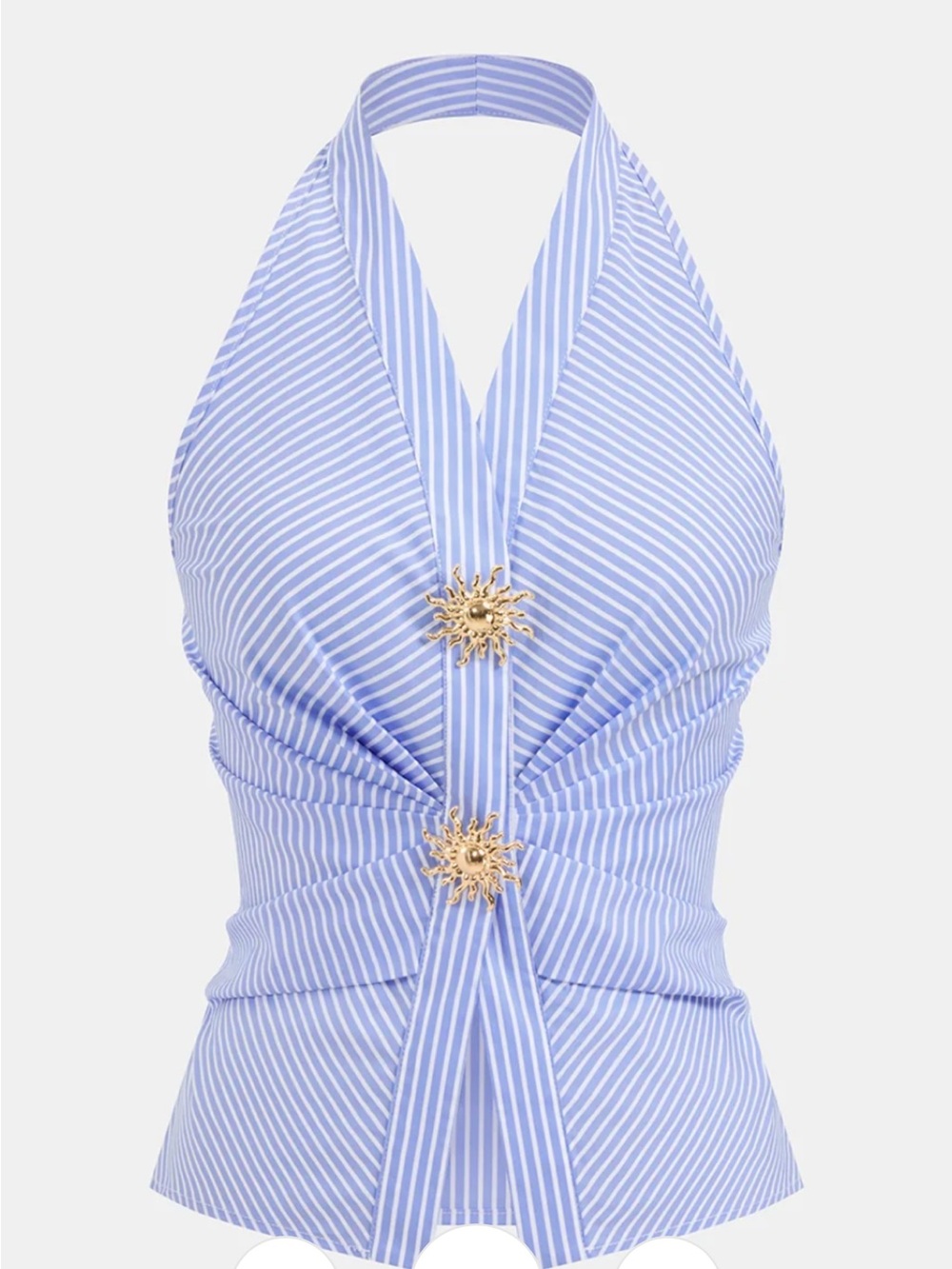 Commense Light Blue and White Striped Halter One-Piece with Gold Sun Accents